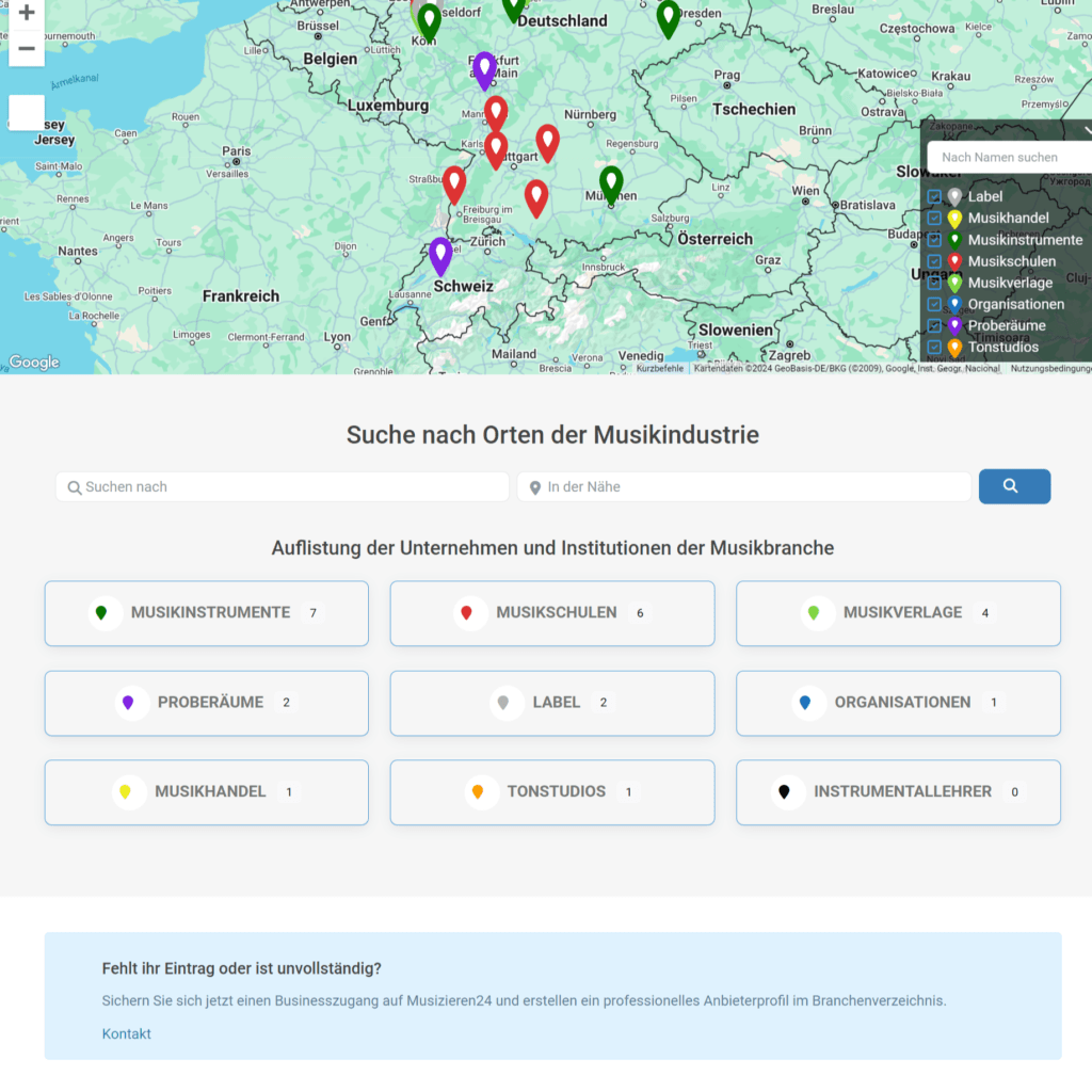 Musikbranchenverzeichnis Screenshot